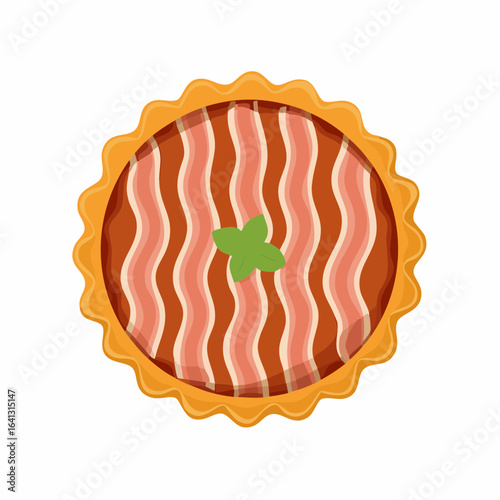 Delicious round quiche or savory tart with wavy bacon topping and fresh green leaf