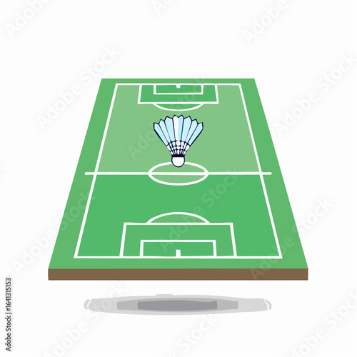 Conceptual artwork of a badminton shuttlecock above a football field, sports crossover with grass and net lines visible