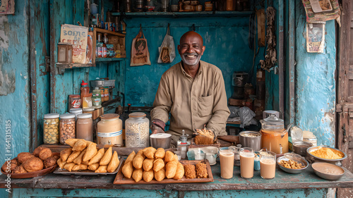 Fototapeta Naklejka Na Ścianę i Meble -  Smiling Merchant At His Blue Stall In India