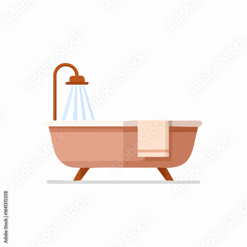 Bathroom tub illustration with towel and running water from showerhead, a serene bathing space for relaxation