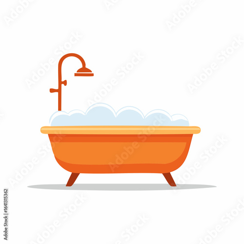 Orange Bathtub Filled with Bubbles and Shower Head Vector Illustration