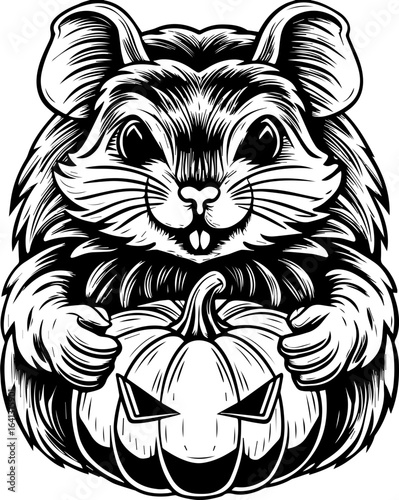 SVG of Halloween rodents wearing witch hats and posing with pumpkins. Adorable Hamster Holding a Pumpkin for Halloween Decorations