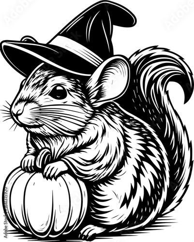 SVG of Halloween rodents wearing witch hats and posing with pumpkins. Cute Chinchilla in Witch Hat with Pumpkin for Halloween Celebration
