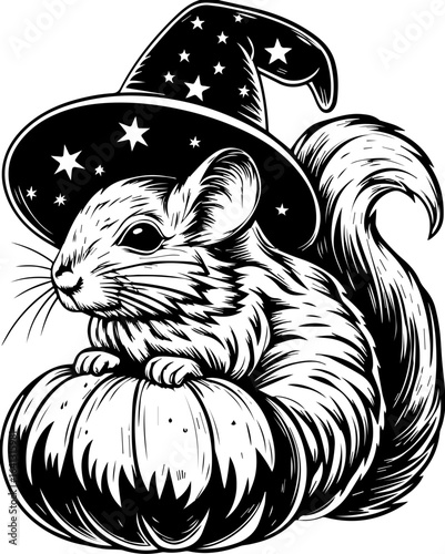 SVG of Halloween rodents wearing witch hats and posing with pumpkins. Adorable Chinchilla Wearing Wizard Hat Sitting on Pumpkin Decoration