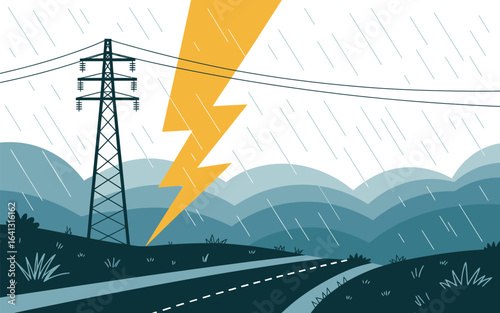Power outage storm illustration with lightning and rain
