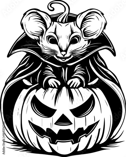 SVG of Halloween rodents wearing witch hats and posing with pumpkins. Cute Mouse in a Cape Sitting on a Halloween Pumpkin Graphic Design