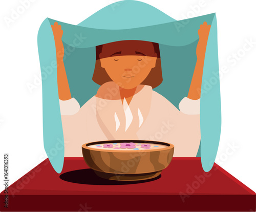 Woman holding towel over head, inhaling vapor with flowers for facial skin treatment, enjoying aromatherapy spa procedure