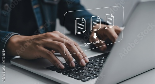 Concept of downloading files from the internet, with a minimalist graphic showing a download in progress on a user's computer screen.