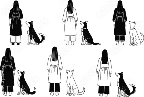 Back view person with dog illustration, monochrome pet companion artwork, emotional bond, minimalist style, outfit variations, loyalty theme