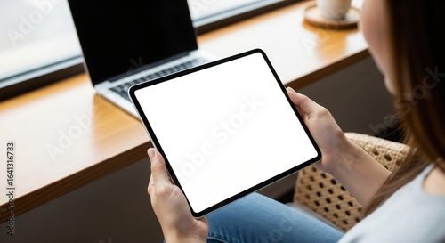 An over-the-shoulder shot of a woman holding a tablet with a blank white screen, ideal for presenting a design mockup. A laptop is on the desk in the background.