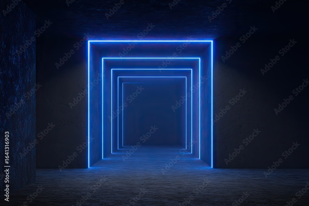 Obraz premium Neon blue light framed corridor in a dark interior space.