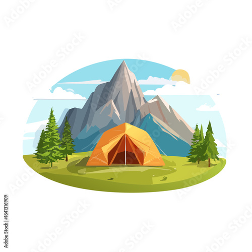 Camping in scenic mountains with tent and trees outdoor adventures and recreation travel lifestyle summer holiday vacation trip nature cartoon