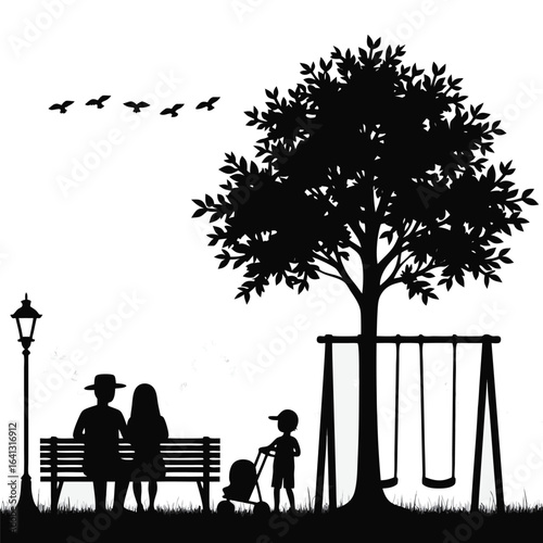 Family enjoying a park with swings and a stroller silhouette