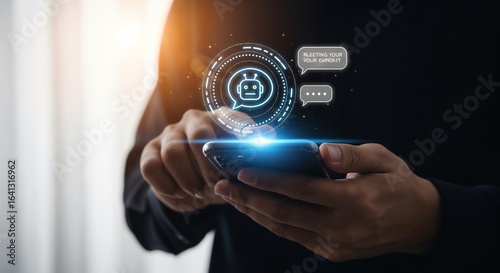 Wallpaper Mural Concept of a virtual assistant or AI customer service, with a chatbot interface hologram emerging from a user's mobile phone. Torontodigital.ca