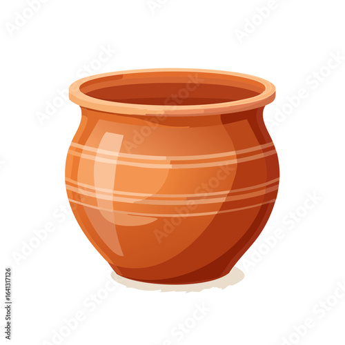 Terracotta Pot with Horizontal Lines. Orange pottery isolated on black background for indoor gardening or decoration projects.