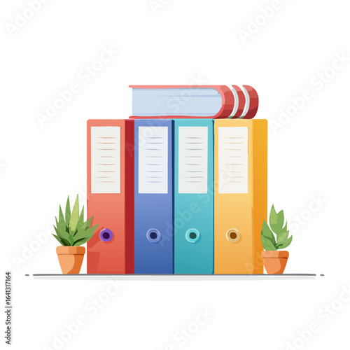 Colorful office binders with book and plant illustration for organization and paperwork concepts