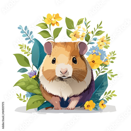 Cute hamster portrait with floral accents lovely flower decorations against black background charming pet illustration