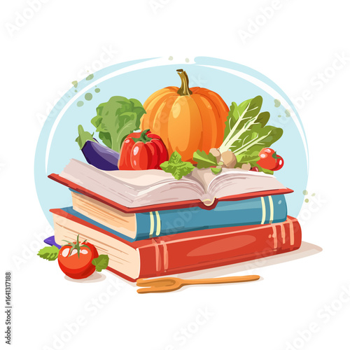 Cookbooks and fresh harvest vegetables cooking inspiration culinary art design