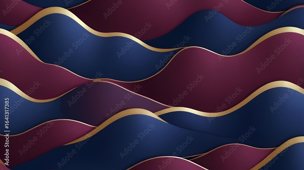 Fototapeta premium Elegant Abstract Background Deep Blue and Burgundy Waves with Gold Accents Abstract Background