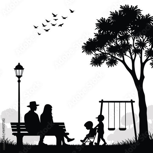 Family enjoying park with swings and birds flying silhouette 1