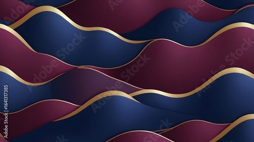 Elegant Abstract Background Deep Blue and Burgundy Waves with Gold Accents Abstract Background