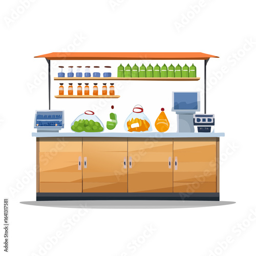 Farmers market stand with fresh produce and packaged goods illustration