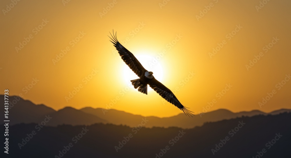 Fototapeta premium Eagle soars against a bright golden sunset over mountain silhouettes.