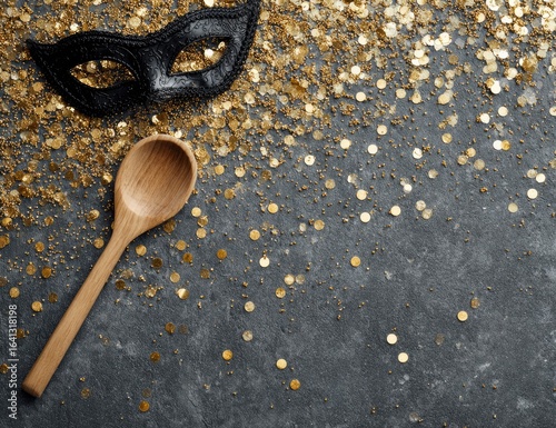 Festive cooking mask, spoon, gold confetti on dark surface