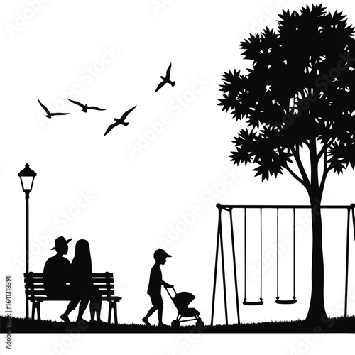 Family enjoying park with swings and stroller silhouette 1