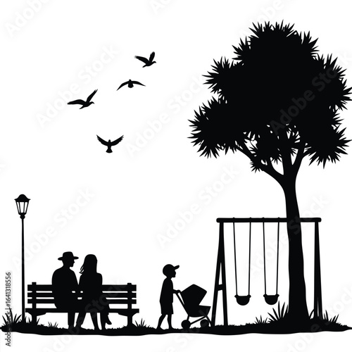 Silhouette family in park with swings and birds people