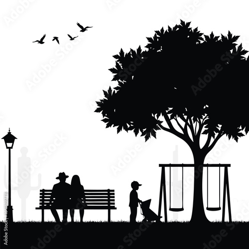Couple on bench with child and swings in park silhouette