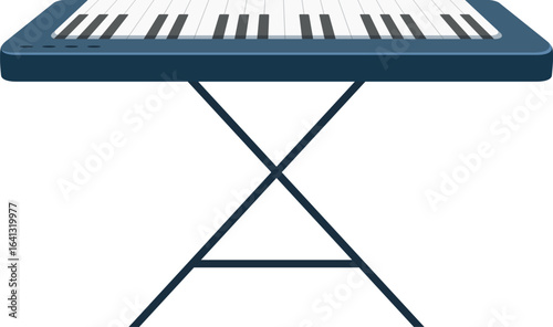 Electronic keyboard with black and white keys placed on a foldable stand, ready for playing music