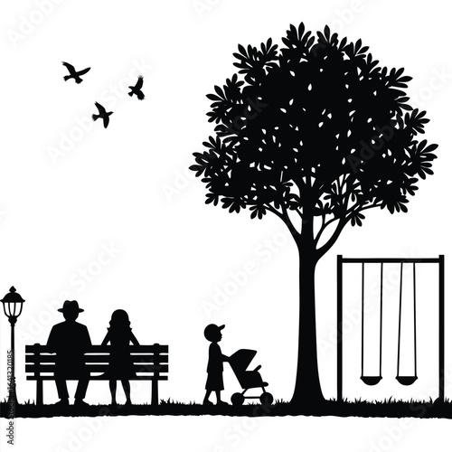 Park scene with family and swings silhouette tree