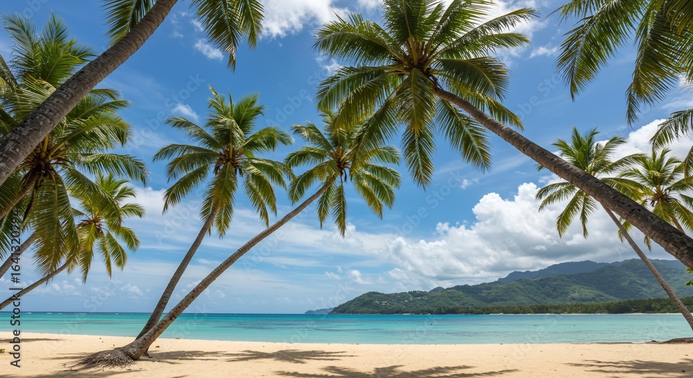 Idyllic Tropical Beach Scene with Leaning Palm Trees Idyllic Tropical Beach Scene with Leaning Palm Trees