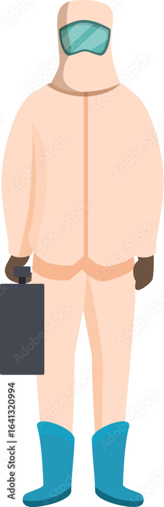 Fototapeta premium Scientist wearing a protective suit, gloves, boots, and mask, holding a case, ready for virus protection