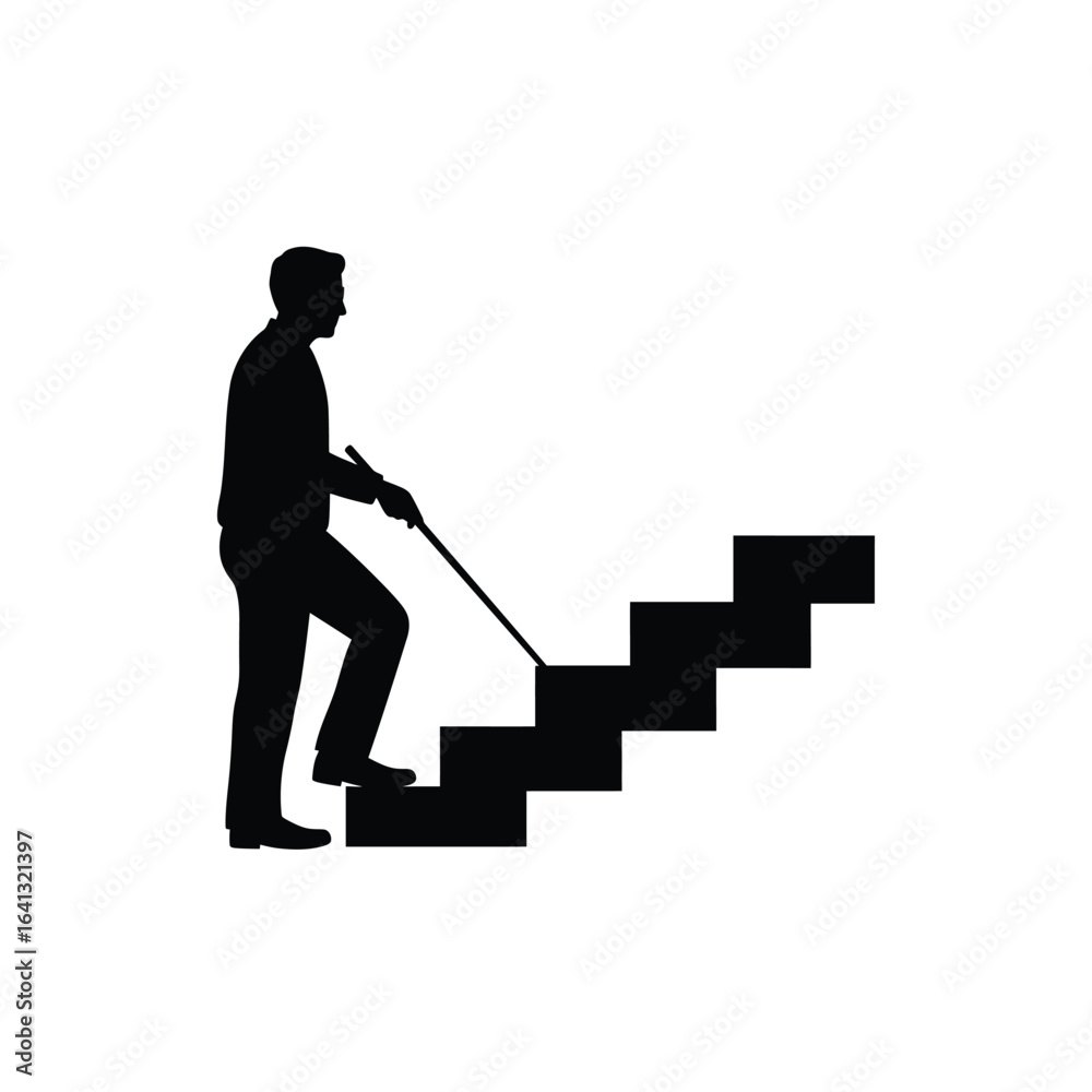 Obraz premium Silhouette of a man with a cane walking up stairs, isolated on white background