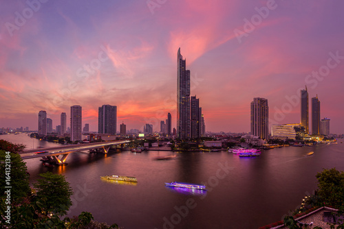 Photography Chao Phraya River under sunset sky, twilight, view from top of Bangkok building