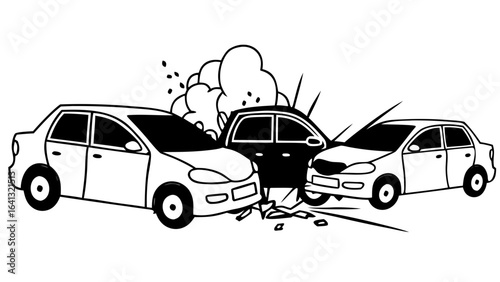 Car collision with three vehicles involved in black and white illustration  