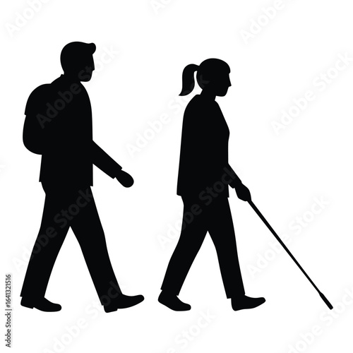 Silhouette of a man with a backpack and a woman with a cane walking, isolated on white background