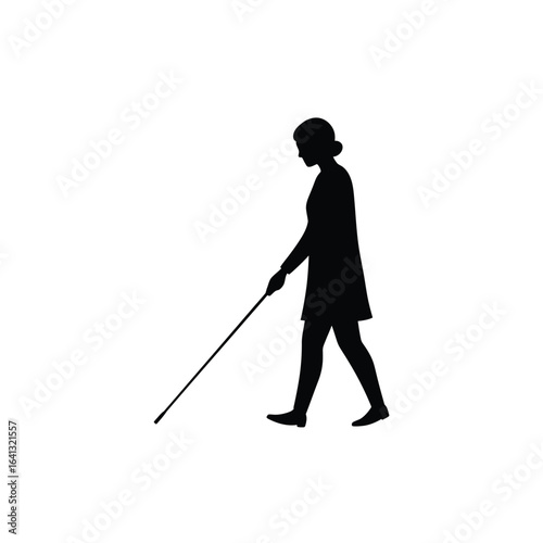 Silhouette of a woman with a cane walking, isolated on white background