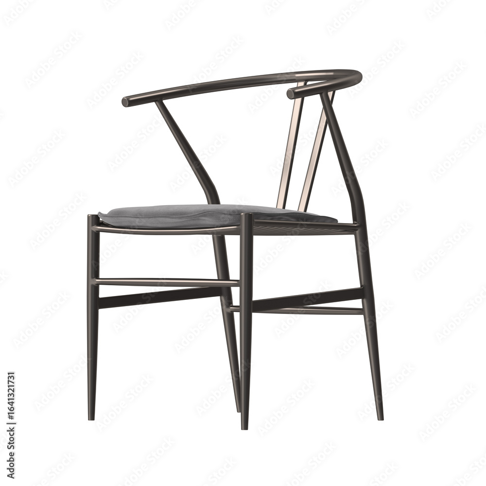 Modern Wishbone Style Dining Chair, Dark Metal Finish, Gray Cushion, Angled View 3D Render Modern Wishbone Style Dining Chair, Dark Metal Finish, Gray Cushion, Angled View 3D Render