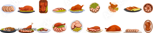 Peking duck icons set. Cartoon style roasted turkey icons represent thanksgiving or christmas holiday meals, featuring whole roasted turkeys and sliced turkey breasts on platters