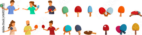 Table tennis paddle icons set. Ping pong players practicing and playing table tennis, rackets and balls isolated on white background