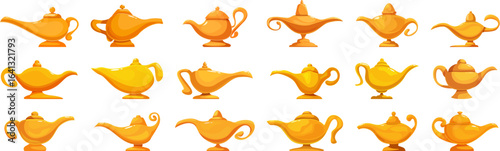 Aladdin lamp icons set. Gold magic lamps representing oriental culture and mythology are depicted in various shapes, evoking wishes and ancient tales