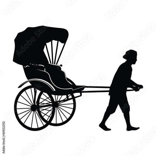Silhouette of a man pulling a traditional rickshaw with a canopy, isolated on white background