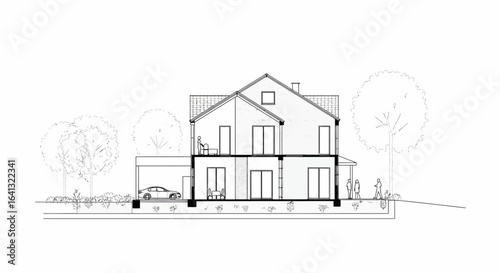 Detailed Architectural Section Drawing of a Two-Story House with Car and People
