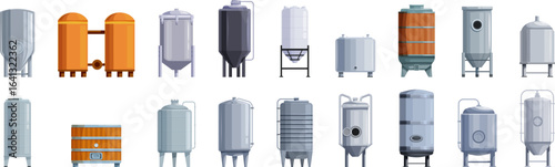 Fermentation tank icons set. Set of various tanks and containers used in industrial processes for storing, mixing, and processing liquids