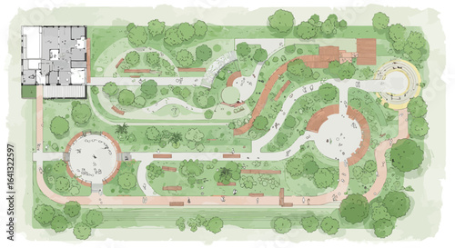 Architectural landscape design park blueprint aerial view with lush vegetation
