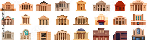 Theatre architecture icons set. Set of government buildings representing diverse architectural styles, from classical to modern design