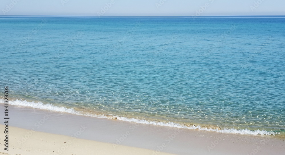 Fototapeta premium Tranquil turquoise sea meets soft sand beach under a clear sky horizon